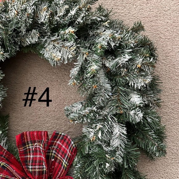 Holiday Christmas Snow Flocked Wreath With Tartan Red Plaid Bow - Picture 16 of 16